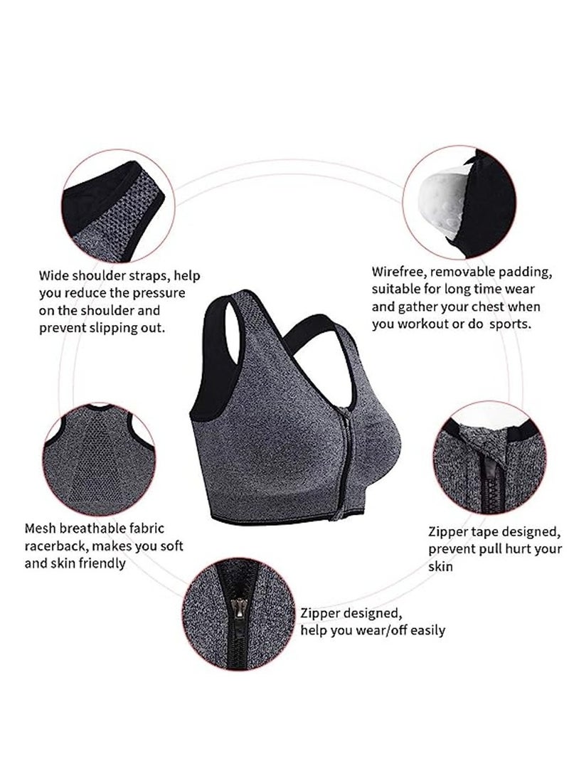 Women's Zip Front Closure Sports Bra - Seamless Wirefree Post Surgery Zipper Padded Racerback Workout Gym Yoga Bras  - Image 2