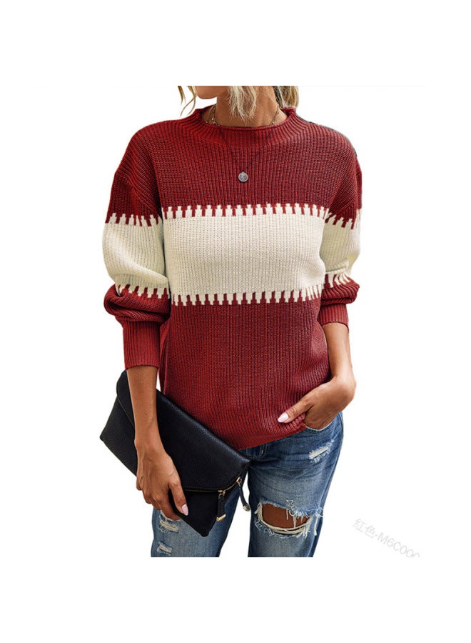 European And American Women's Clothing Hot Elegant Casual Contrasting Color Round Neck over Knitwear Women's Lantern Sleeve Knitwear