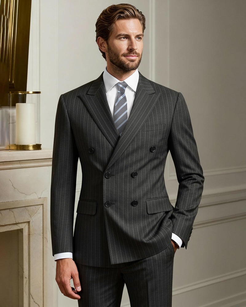 YND Men's 2 Piece Double-Breasted Suit, Slim Fit Stripe Tuxedo Set with Tie, Party Wedding Dress Blazer, Tux and Trousers, Black - Image 2