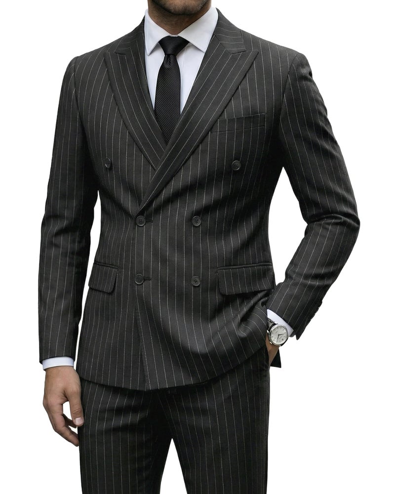 YND Men's 2 Piece Double-Breasted Suit, Slim Fit Stripe Tuxedo Set with Tie, Party Wedding Dress Blazer, Tux and Trousers, Black - Image 1