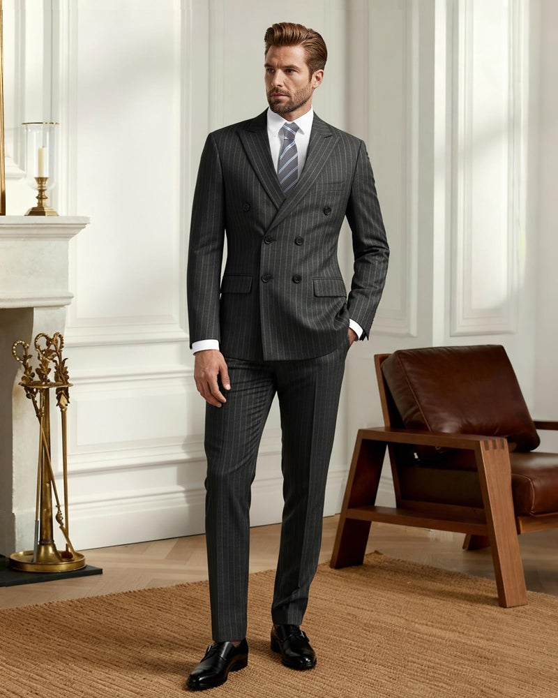 YND Men's 2 Piece Double-Breasted Suit, Slim Fit Stripe Tuxedo Set with Tie, Party Wedding Dress Blazer, Tux and Trousers, Black - Image 3