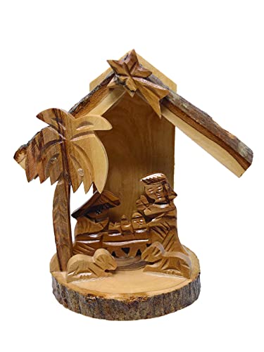 Logos Trading Post Holy Land Olive Wood Nativity Scene, Christmas Ornament 3D Grotto Bark- Made in Bethlehem - Medium - Image 1