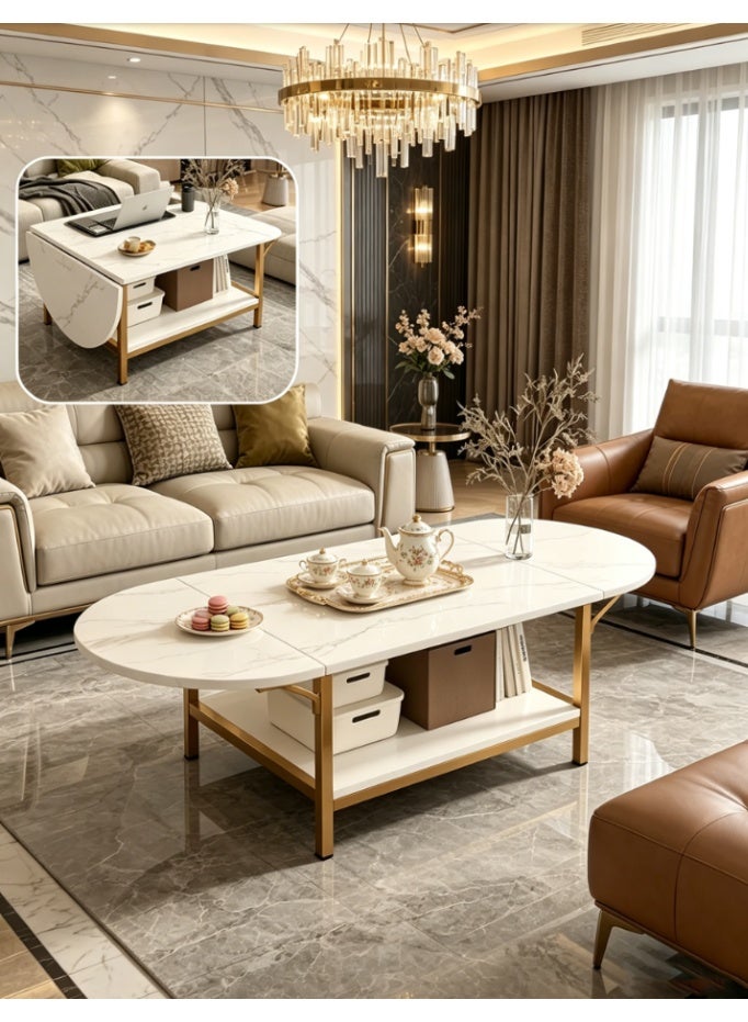 Modern Coffee Table White Extended Coffee Tables with Storage for Living Room 2-Tier Unique Center Table with Two Foldable Panel for Any Large or Small Space (CJ034) - Image 1