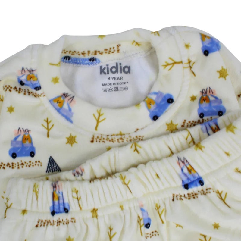Kidia Boys Velvet Thermal Set – Off-White with Cars Print - Image 3