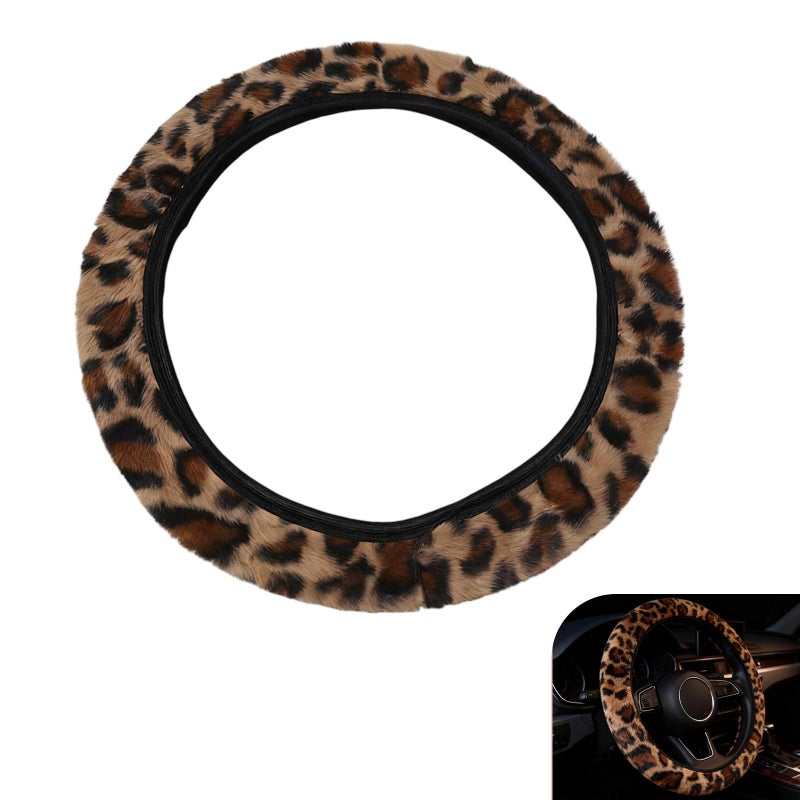 Opuweiy Fuzzy Steering Wheel Cover 1496 Leopard Print Fluffy Fur Protective Decoration Warm Nonslip Grip Steering Wheel Cover Universal Car Accessories for Men Women Brown - Image 3