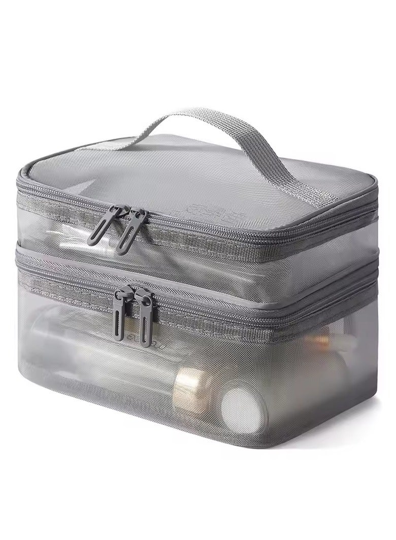 حقيبة مكياج سفر مزدوجة الطبقات، حقيبة مستحضرات تجميل شبكية، حقيبة أدوات تجميل كبيرة للنساء، منظم حقيبة مكياج بمقبض - Image 1