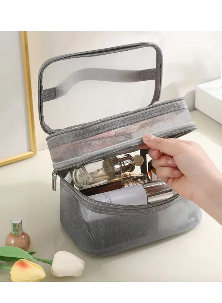 حقيبة مكياج سفر مزدوجة الطبقات، حقيبة مستحضرات تجميل شبكية، حقيبة أدوات تجميل كبيرة للنساء، منظم حقيبة مكياج بمقبض - Image 3