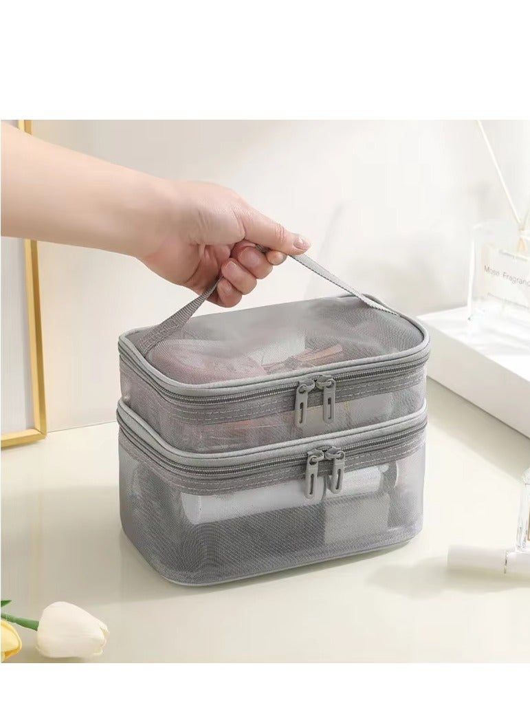 حقيبة مكياج سفر مزدوجة الطبقات، حقيبة مستحضرات تجميل شبكية، حقيبة أدوات تجميل كبيرة للنساء، منظم حقيبة مكياج بمقبض - Image 2