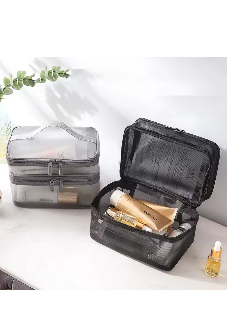 حقيبة مكياج سفر مزدوجة الطبقات، حقيبة مستحضرات تجميل شبكية، حقيبة أدوات تجميل كبيرة للنساء، منظم حقيبة مكياج بمقبض - Image 5