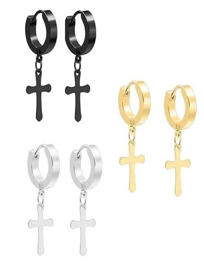 CResha Stainless Steel Piercing Jewelry Stud Hoop Cross Earrings Set for Men | Women | Boys | Girls - Image 3