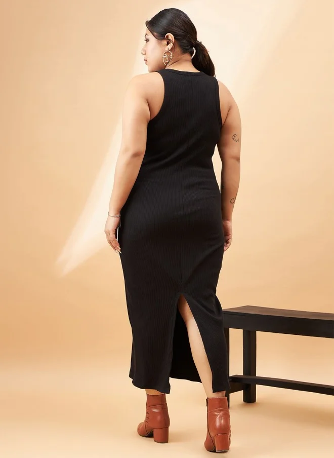 SASSAFRAS Black Ribbed Sleeveless Midi Dress With Shrug For Women