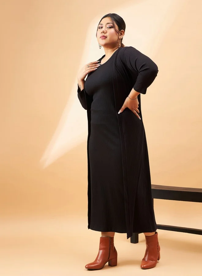 SASSAFRAS Black Ribbed Sleeveless Midi Dress With Shrug For Women