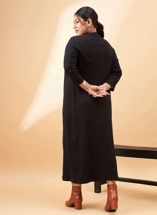 SASSAFRAS Black Ribbed Sleeveless Midi Dress With Shrug For Women