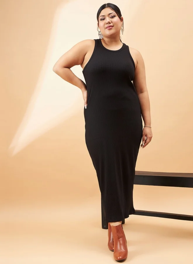SASSAFRAS Black Ribbed Sleeveless Midi Dress With Shrug For Women