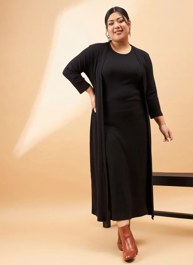 SASSAFRAS Black Ribbed Sleeveless Midi Dress With Shrug For Women