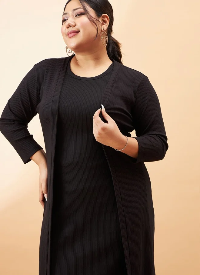 SASSAFRAS Black Ribbed Sleeveless Midi Dress With Shrug For Women