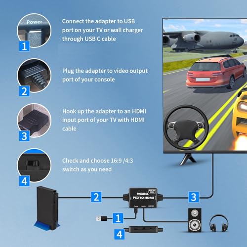 HOXIBSL PS2 to HDMI Converter Adapter,with 3.5mm Audio Jack.HDMI Cable for PS1/PS2/PS3,Support 16:9/4:3 Image Scaling,Plug and Play （6.56FT） - Image 2