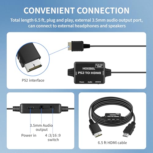 HOXIBSL PS2 to HDMI Converter Adapter,with 3.5mm Audio Jack.HDMI Cable for PS1/PS2/PS3,Support 16:9/4:3 Image Scaling,Plug and Play （6.56FT） - Image 5