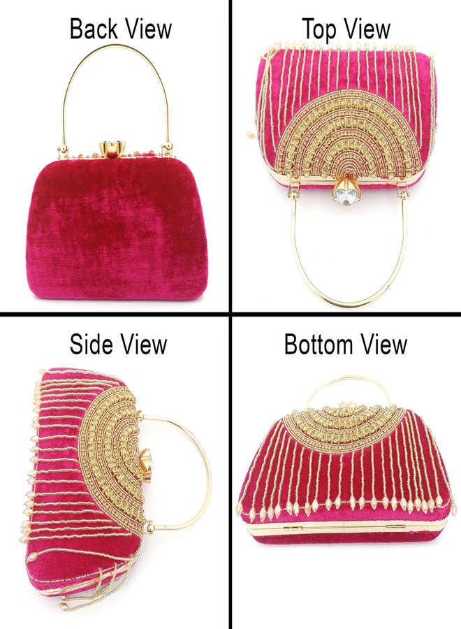 ZAIB Handcrafted Pearl & Stone Pendant Bridal Clutch | Velvet Fabric Clutch for Women | Wedding, Engagement, & Festive Evening Bag (57NO-HC-PENDT - Dark Pink) - Image 4