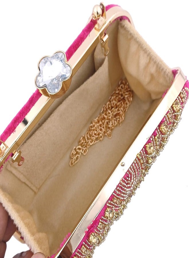 ZAIB Handcrafted Pearl & Stone Pendant Bridal Clutch | Velvet Fabric Clutch for Women | Wedding, Engagement, & Festive Evening Bag (57NO-HC-PENDT - Dark Pink) - Image 5