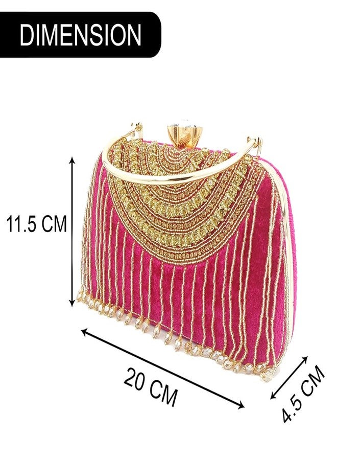 ZAIB Handcrafted Pearl & Stone Pendant Bridal Clutch | Velvet Fabric Clutch for Women | Wedding, Engagement, & Festive Evening Bag (57NO-HC-PENDT - Dark Pink) - Image 3