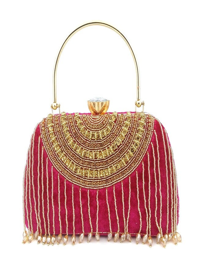 ZAIB Handcrafted Pearl & Stone Pendant Bridal Clutch | Velvet Fabric Clutch for Women | Wedding, Engagement, & Festive Evening Bag (57NO-HC-PENDT - Dark Pink) - Image 2