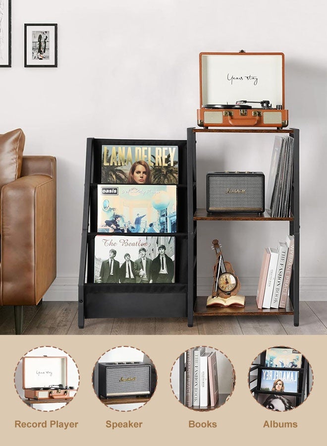 Forthcan Vinyl Record Player Stand with Storage, Metal & Wood LP Record Storage Rack with Side Shelves, Turntable Stand for Vinyl Albums, Books & Living Room Decor - Image 5