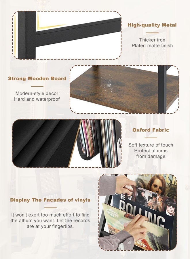 Forthcan Vinyl Record Player Stand with Storage, Metal & Wood LP Record Storage Rack with Side Shelves, Turntable Stand for Vinyl Albums, Books & Living Room Decor - Image 4