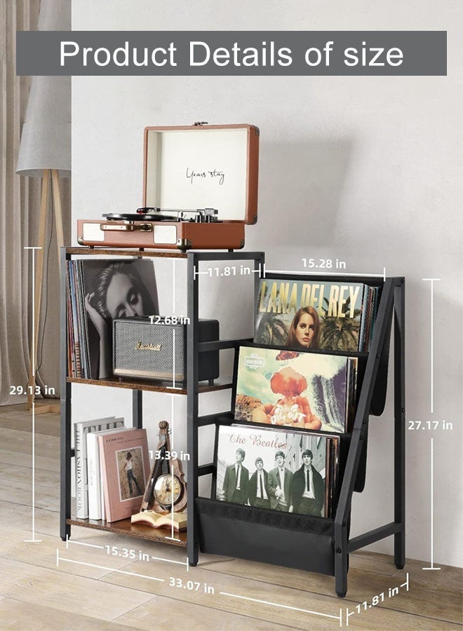 Forthcan Vinyl Record Player Stand with Storage, Metal & Wood LP Record Storage Rack with Side Shelves, Turntable Stand for Vinyl Albums, Books & Living Room Decor - Image 3