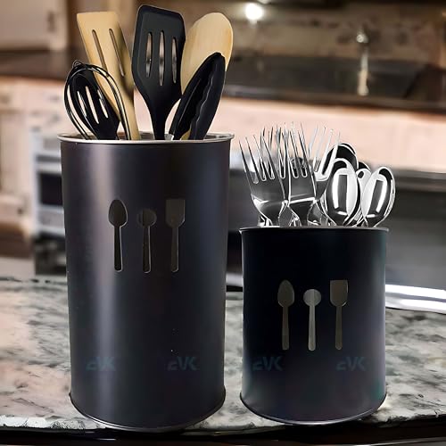 EVK® Self Draining Tableware Storage Box - Spoon, Knife, Fork, Chopstick, Stainless Steel Cutlery Holder Organizer Stand for Kitchen (EVK-Big & small Spoon Cutlery-Black) - Image 1