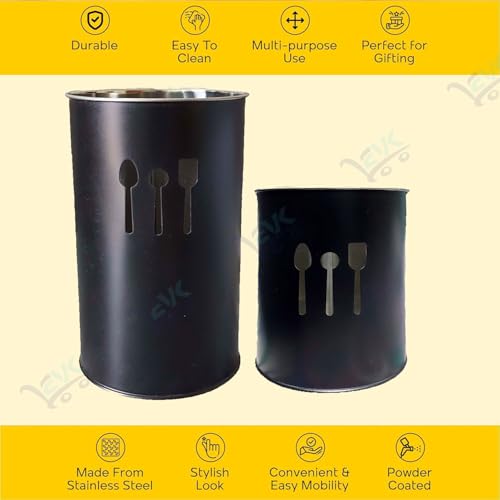 EVK® Self Draining Tableware Storage Box - Spoon, Knife, Fork, Chopstick, Stainless Steel Cutlery Holder Organizer Stand for Kitchen (EVK-Big & small Spoon Cutlery-Black) - Image 2