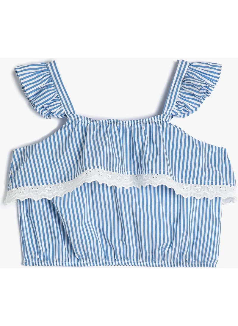 KOTON Crop Blouse with Straps, Ruffles and Scallop Detail