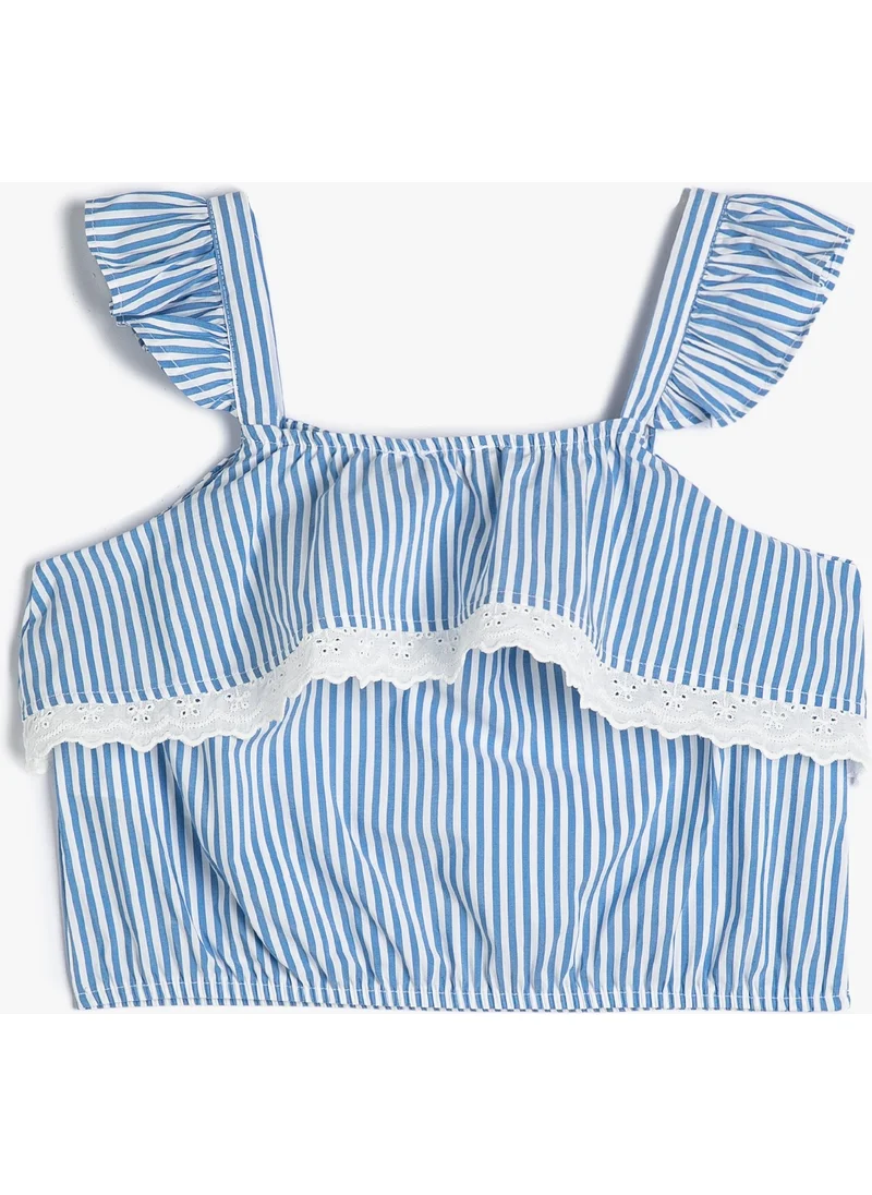 KOTON Crop Blouse with Straps, Ruffles and Scallop Detail