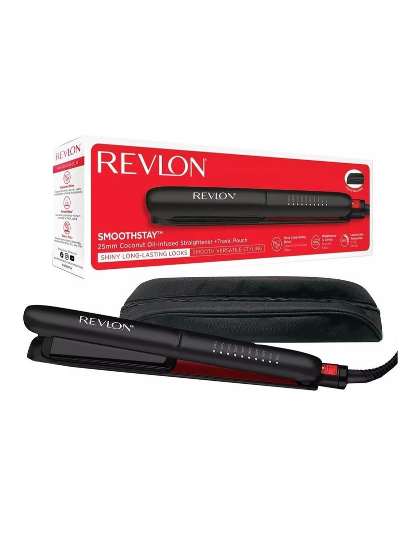 Revlon Smoothstay Coconut Oil-Infused Hair Straightener (25mm Triple-Coated Ceramic Plates, Floating Plates with Rounded Edges, Customizable Temperature up to 235°C, Travel Pouch Included) RVST2211P - Image 1