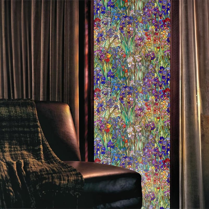 REDAMANCY Purple Pink Green Wildflower Iris Floral Stained Glass Window Films Decorative Double-Side Privacy Film Self-Adhesive Static Glass Clings Stickers for Living Room Bathroom Glass Windows Decor - Image 2