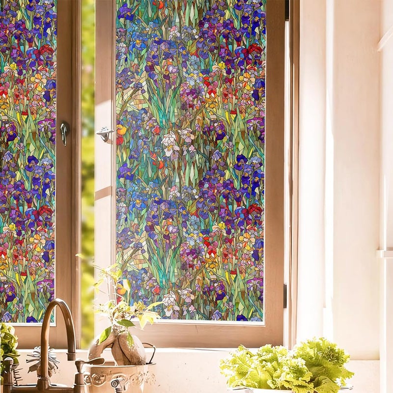 REDAMANCY Purple Pink Green Wildflower Iris Floral Stained Glass Window Films Decorative Double-Side Privacy Film Self-Adhesive Static Glass Clings Stickers for Living Room Bathroom Glass Windows Decor - Image 1