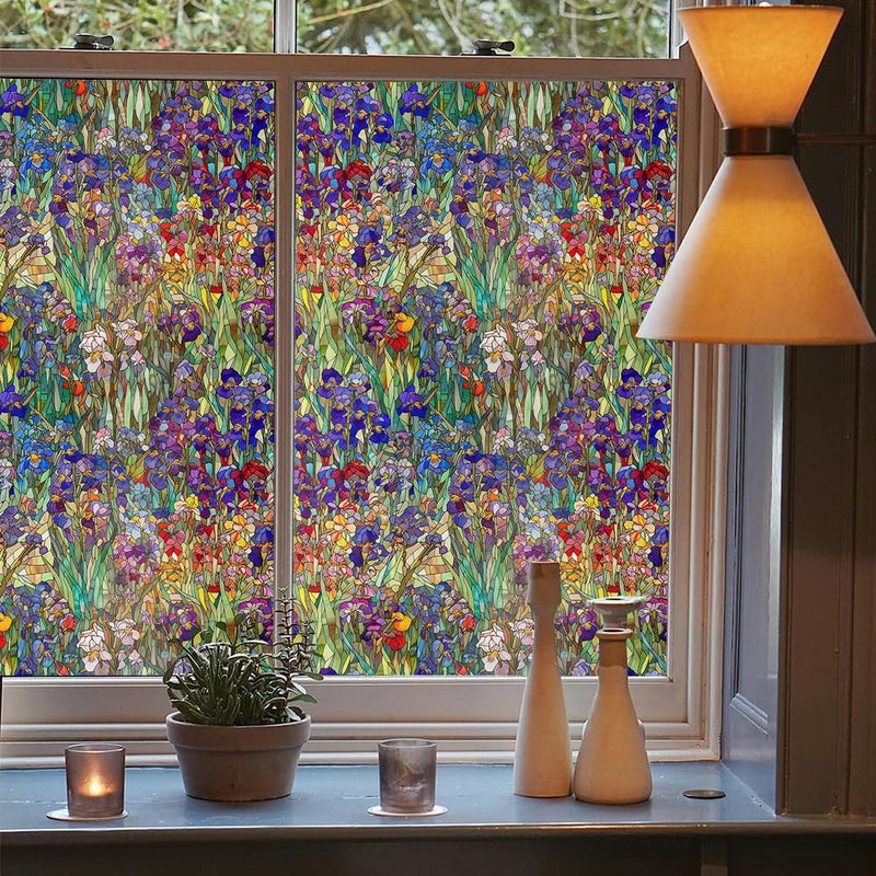 REDAMANCY Purple Pink Green Wildflower Iris Floral Stained Glass Window Films Decorative Double-Side Privacy Film Self-Adhesive Static Glass Clings Stickers for Living Room Bathroom Glass Windows Decor - Image 3