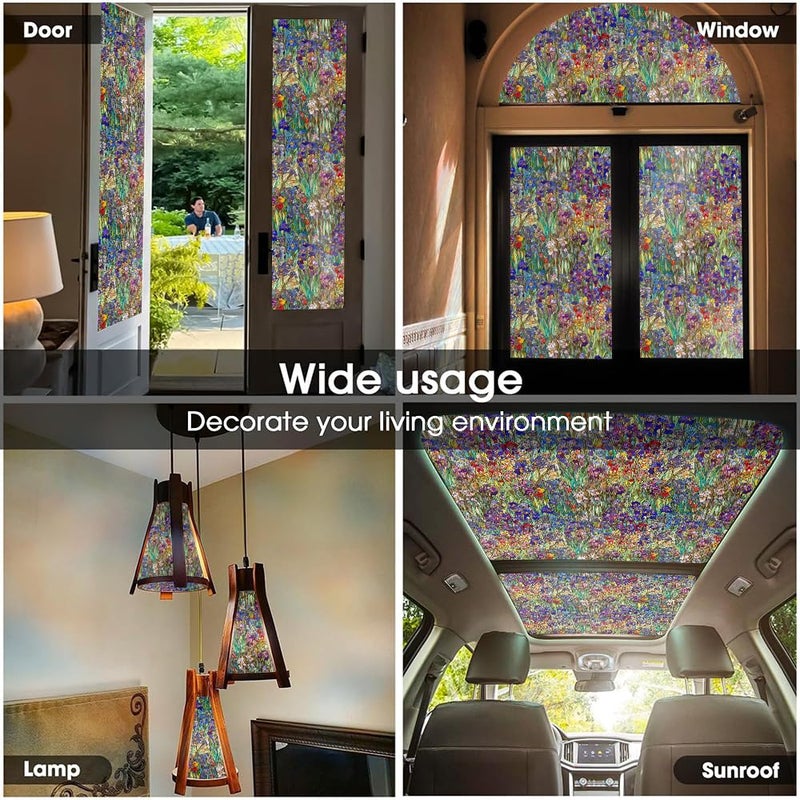 REDAMANCY Purple Pink Green Wildflower Iris Floral Stained Glass Window Films Decorative Double-Side Privacy Film Self-Adhesive Static Glass Clings Stickers for Living Room Bathroom Glass Windows Decor - Image 5