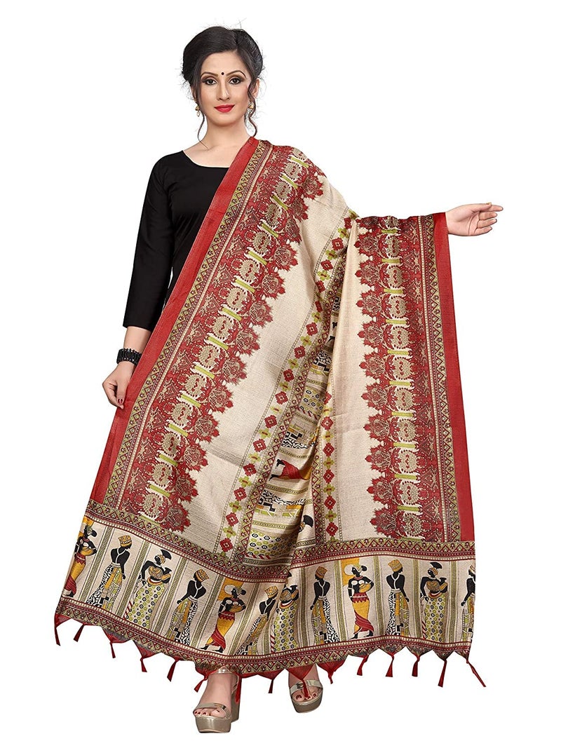 KEMZA Women's Printed Cotton Silk Dupatta (Red_Free size) - Image 3