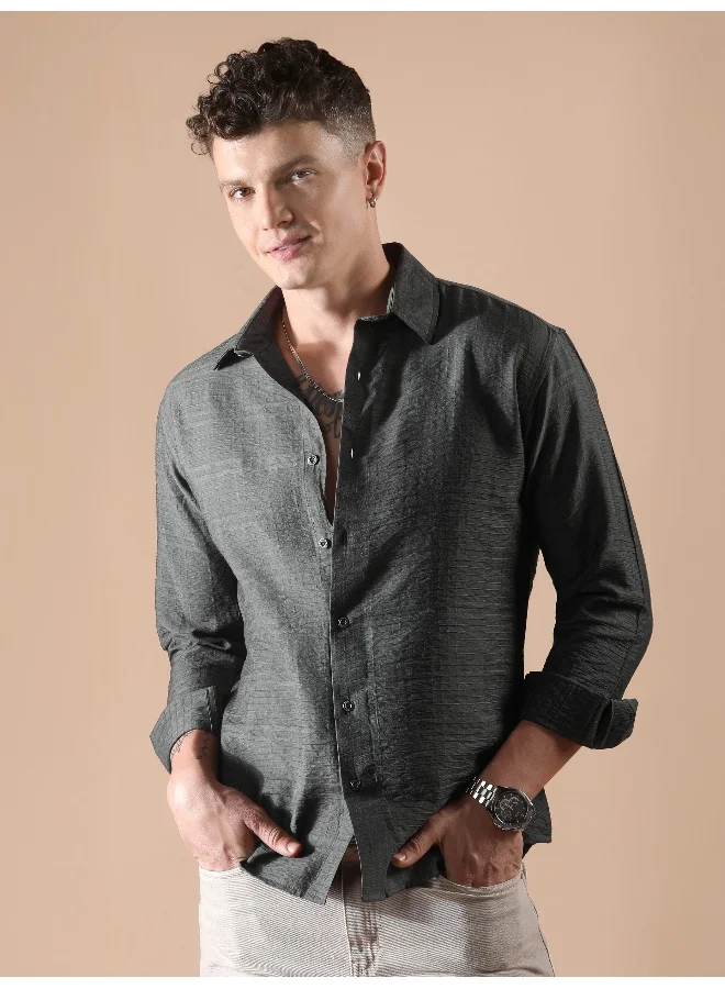 Beyoung Dark Grey Textured Check Shirt