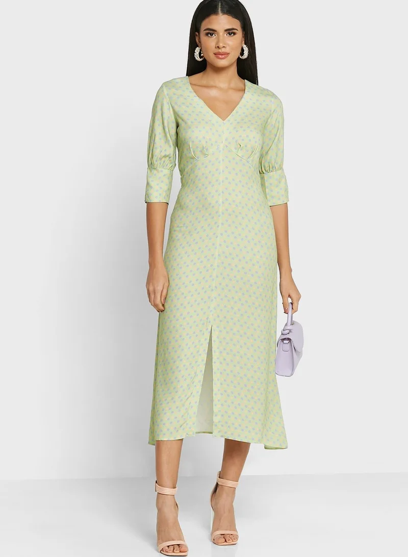 Closet V-Neck Balloon Sleeve Front Slit Dress