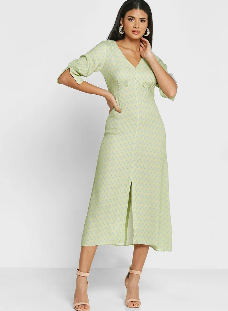 Closet V-Neck Balloon Sleeve Front Slit Dress