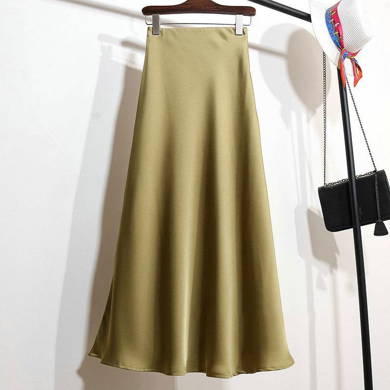 10-color high-grade temperament acetic acid satin fishtail skirt womens 2024 spring and summer slim high waist A- line long hip mustard yellow