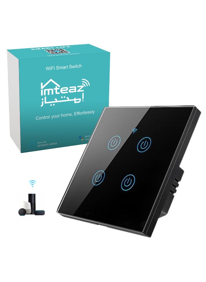 Imteaz Smart WiFi Wall Light Switch No Neutral Wire Required No Hub Compatible with Google Home Alexa Touch and App Remote Control Timing Function Voice Control Gang 4 Black for Home and Office Use - Image 1