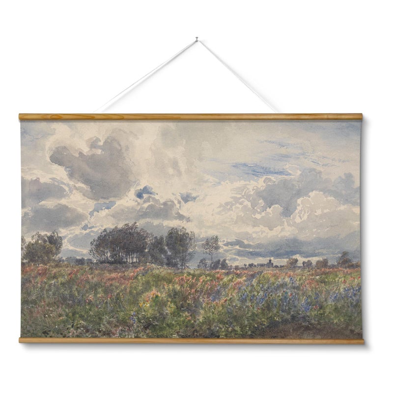 ARPEOTCY Extra Large Vintage Framed Wall Art, 36x54 Inch Farmhouse Retro Watercolor Sky Field Landscape Hanging Wall Art, Large Rustic Canvas Home Decor Aesthetic for Living Room Bedroom Office - Image 1