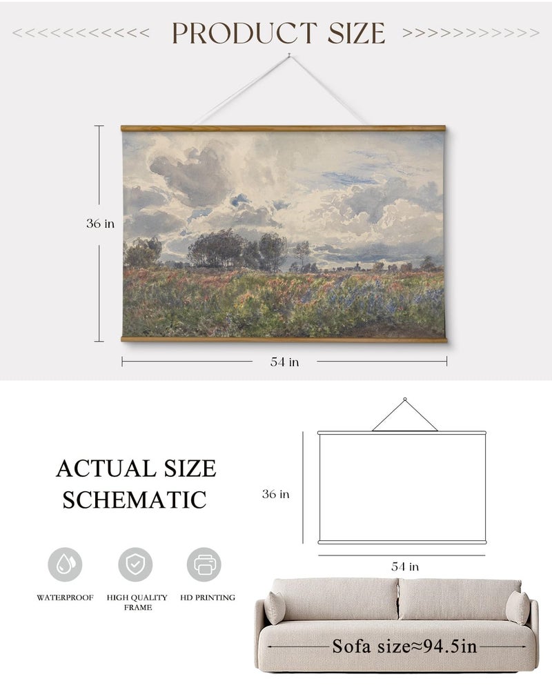 ARPEOTCY Extra Large Vintage Framed Wall Art, 36x54 Inch Farmhouse Retro Watercolor Sky Field Landscape Hanging Wall Art, Large Rustic Canvas Home Decor Aesthetic for Living Room Bedroom Office - Image 3