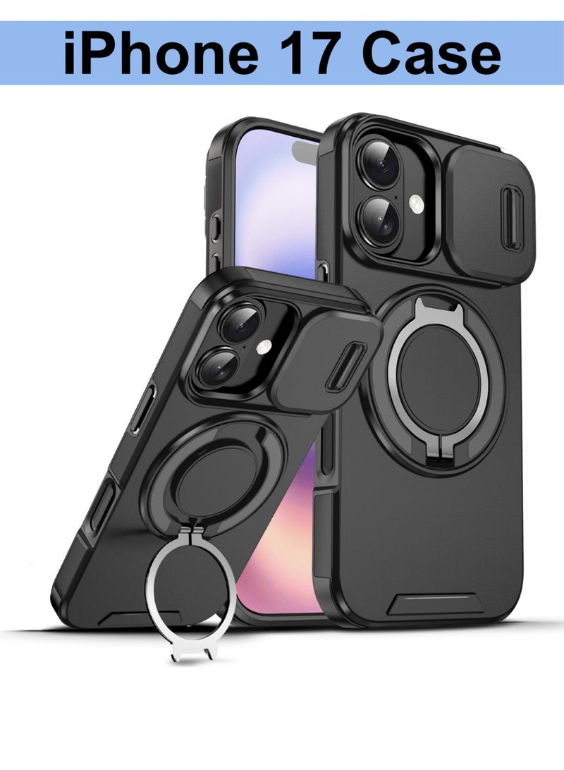Abania iPhone 17 Case MagSafe | Sliding Camera Lens Cover + 360° Rotating Ring Kickstand | Military Grade Shockproof Heavy Duty Armor | Anti-Fingerprint Anti-Scratch | Black Magnetic Cover Compatible with MagSafe Charger & Accessories - Image 1