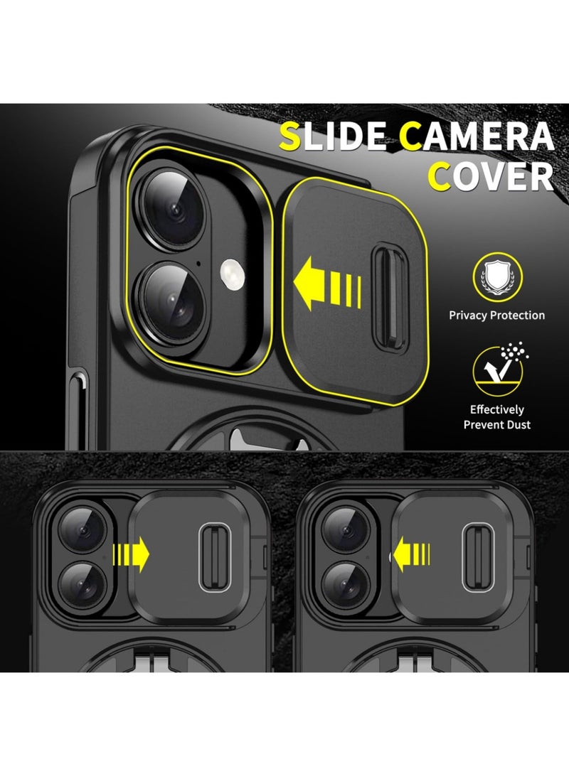 Abania iPhone 17 Case MagSafe | Sliding Camera Lens Cover + 360° Rotating Ring Kickstand | Military Grade Shockproof Heavy Duty Armor | Anti-Fingerprint Anti-Scratch | Black Magnetic Cover Compatible with MagSafe Charger & Accessories - Image 2