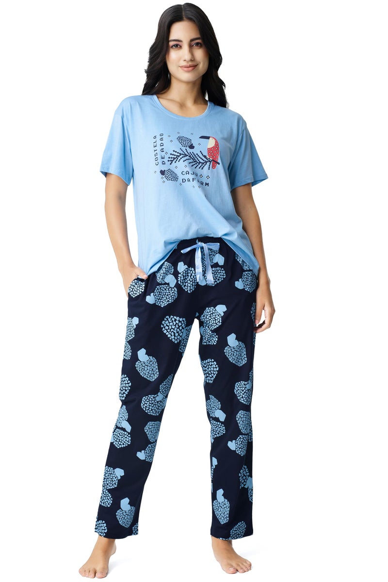 I Like Me Night Suit for Womens Blue Abstract Printed Cotton Night Dress of Top and Pajama Set 9408 - Image 4