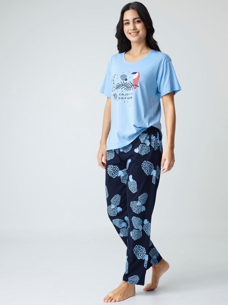 I Like Me Night Suit for Womens Blue Abstract Printed Cotton Night Dress of Top and Pajama Set 9408 - Image 2